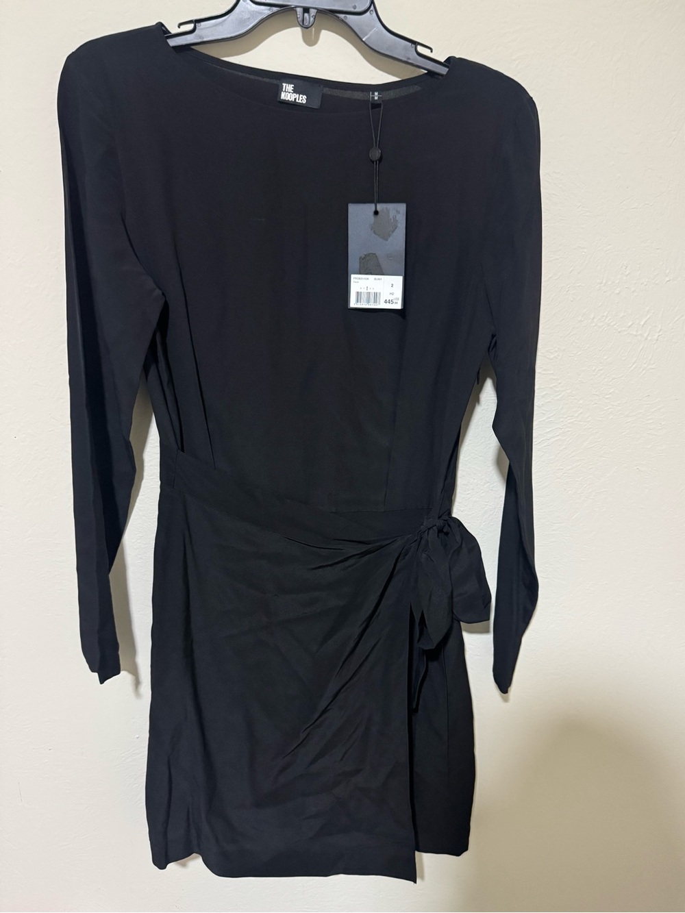 NWT $445 The Kooples Black Long-Sleeve Tie-Waist Mini Dress